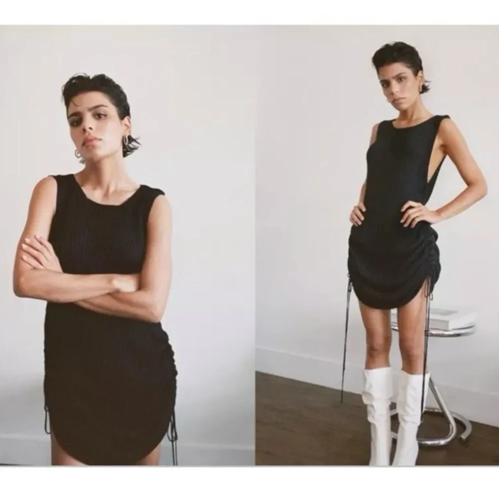 Reformation Black Ruche Knitted Mini Dress